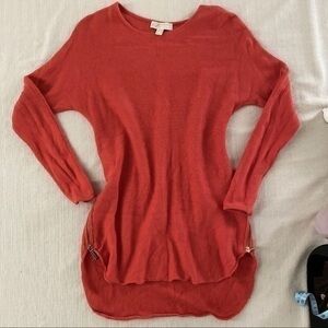 Michael Kors Coral Sweater w/ Gold Zippers, High-Low Hem, Size S
